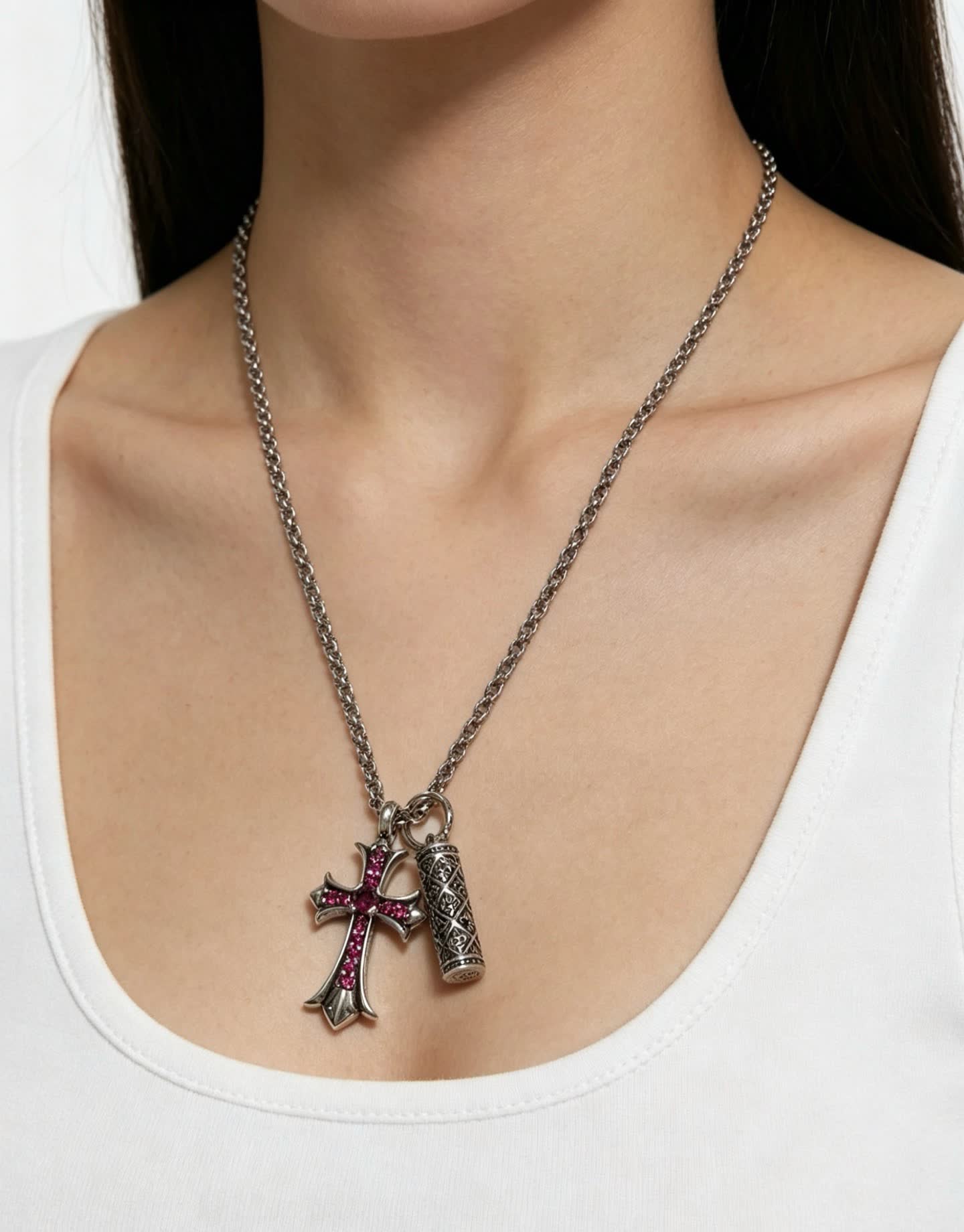 Chrome Hearts Silver Cross Pendant with Ruby Accents and cylindrical charm